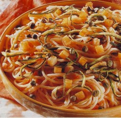 spaghetti con verdure,spaghetti,verdure,zucchine,patate,capperi,pomodori,primi piatti,